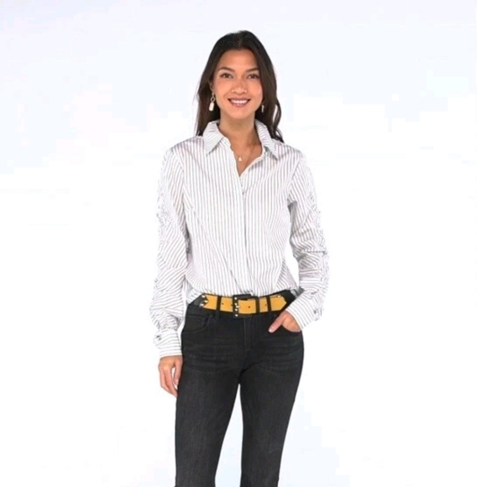 CABI Linear Button Up Blouse 4530 White with Black Stripes Size S - Picture 2 of 9
